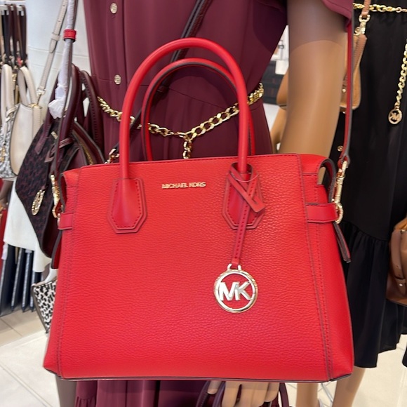 Michael Kors Mercer Medium Top-Zip Belted Satchel Crossbody Purse 
BRIGHT RED
NW - Picture 13 of 16